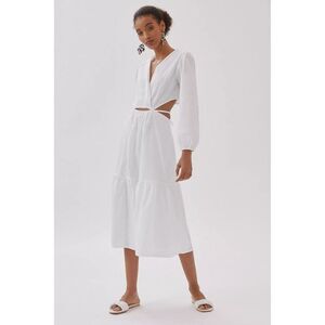 NEW Anthropologie Blue Tassel Cut Out Midi Dress Long Sleeve White Cotton